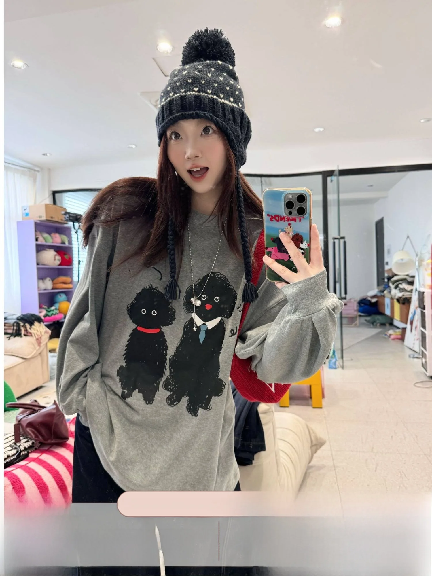 

JINGU Lazy Korean Sle round Ne T-irt Dog Pattern Long Sve Casual Top een Cheered Tie Design Loose Fit Hanfu