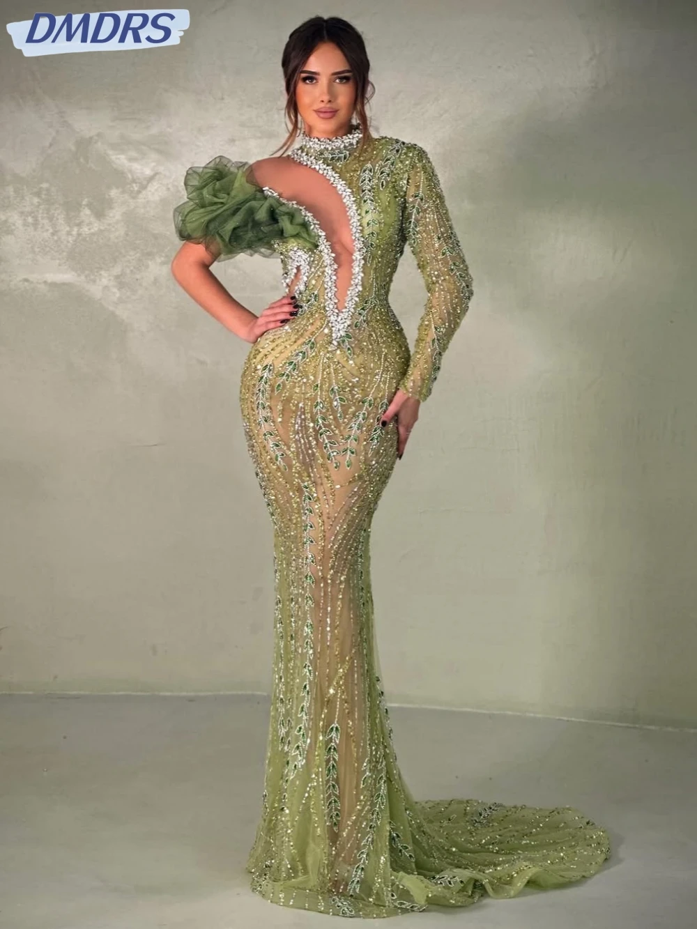 

Green Sexy Illusion Mermaid Long Evening Dress Gorgeous Beaded Rhinestones Prom Dresses Customized Illusion Wedding Party Gown