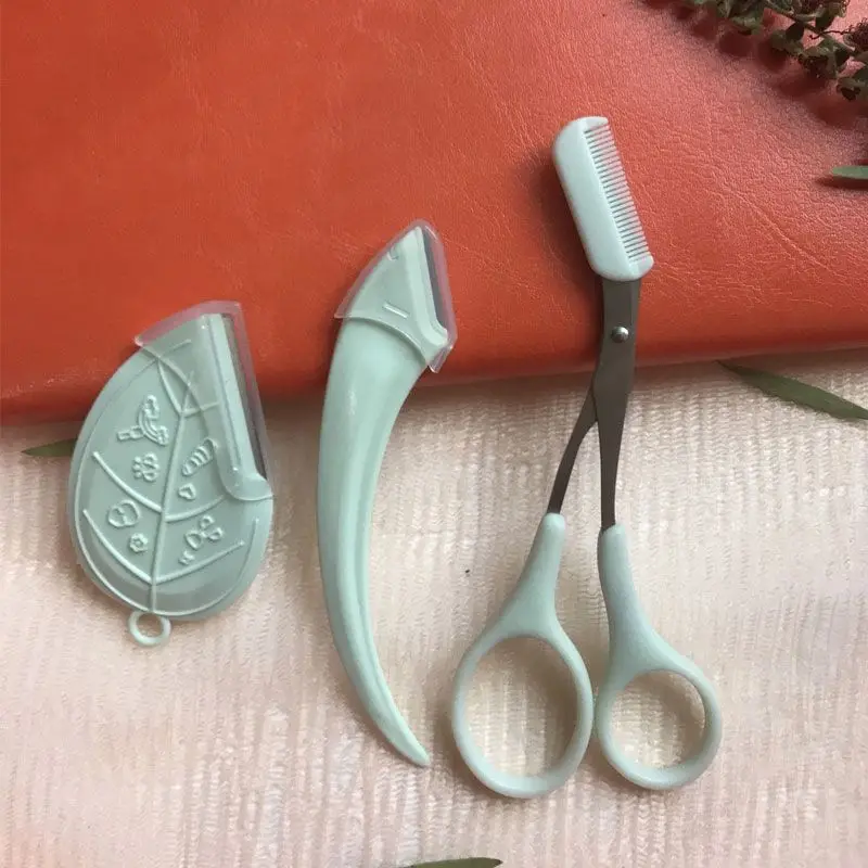 Cuchillo de corte de cejas para mujer, afeitadora facial con peine, tijeras de cejas, raspador, accesorios, herramientas de belleza, 3 piezas