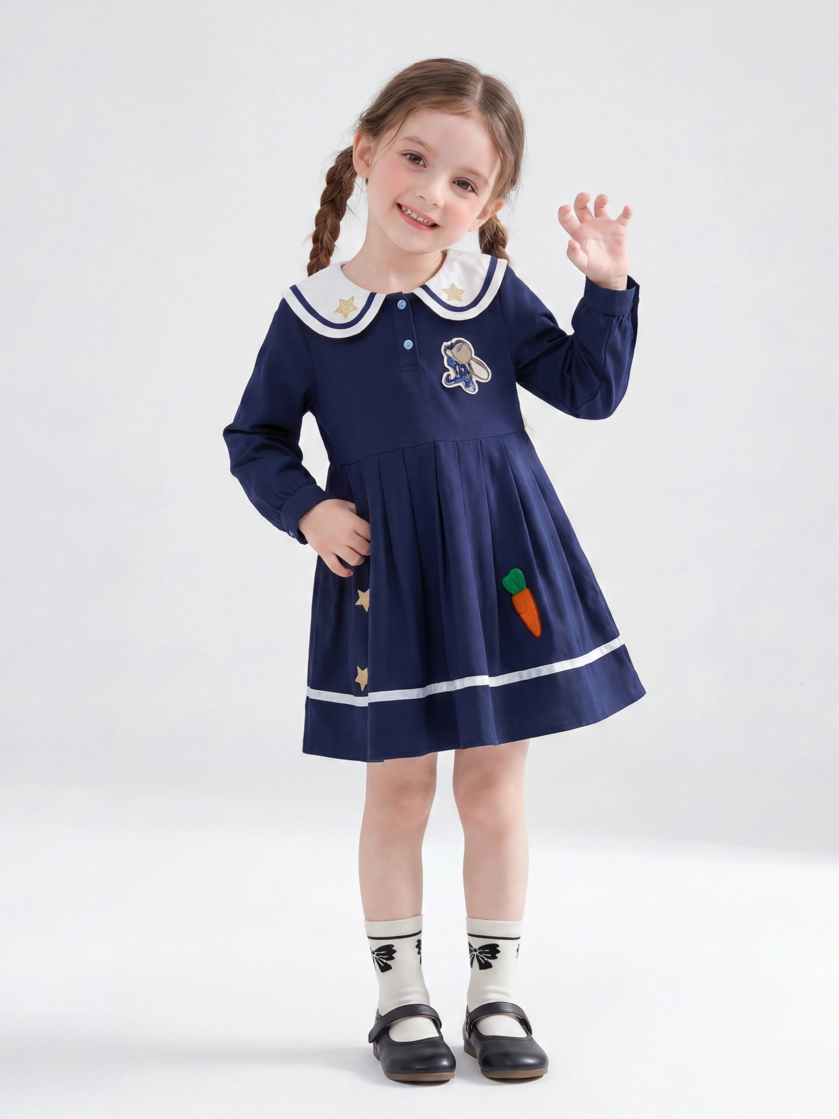 robe-trapeze-a-manches-longues-pour-filles-col-marine-motif-lapin-de-dessin-anime-uniforme-d'officier-de-police-jupe-princesse-color-block-printemps-automne-enfant