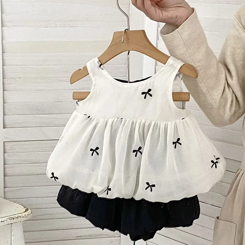 2025 New Summer 0-5Yrs Kids Clothes Set Sleeveless Cotton Embroidery Vest Solid Color Shorts Baby Girl Clothes Suit
