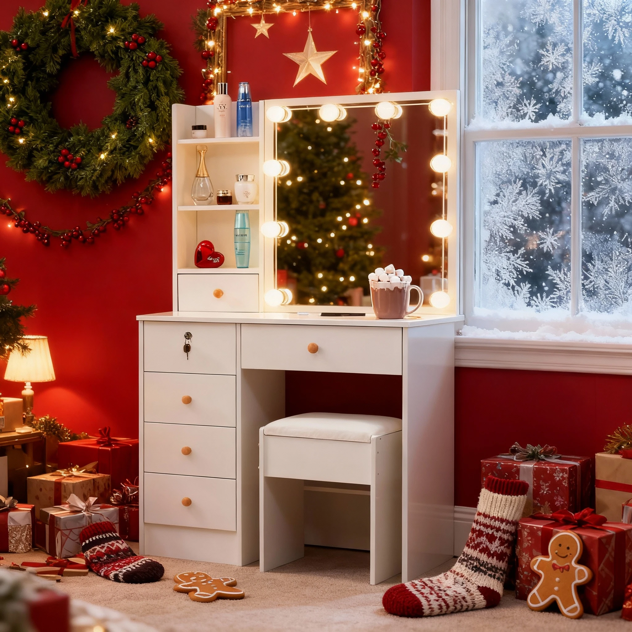 Black Friday sale, Dressing Table Makeup Desk with LED Lights Sliding Mirror Stool White Drawers Stool