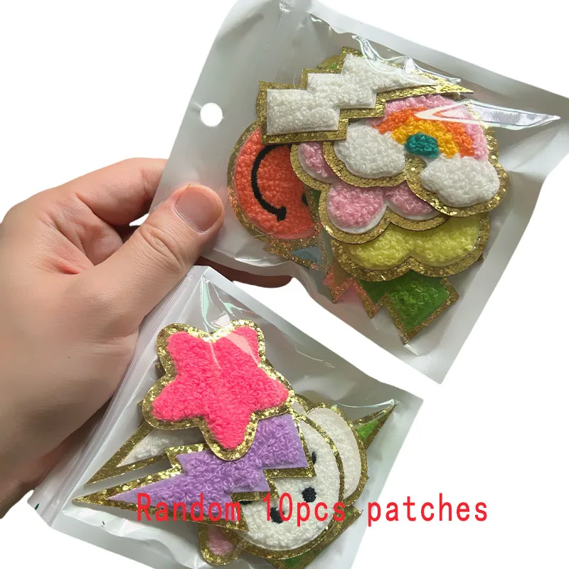 Mixed 10pc Chenille Patches Embroidery patches Heart/flower/Star/Lightning Stick on Sewing Patch