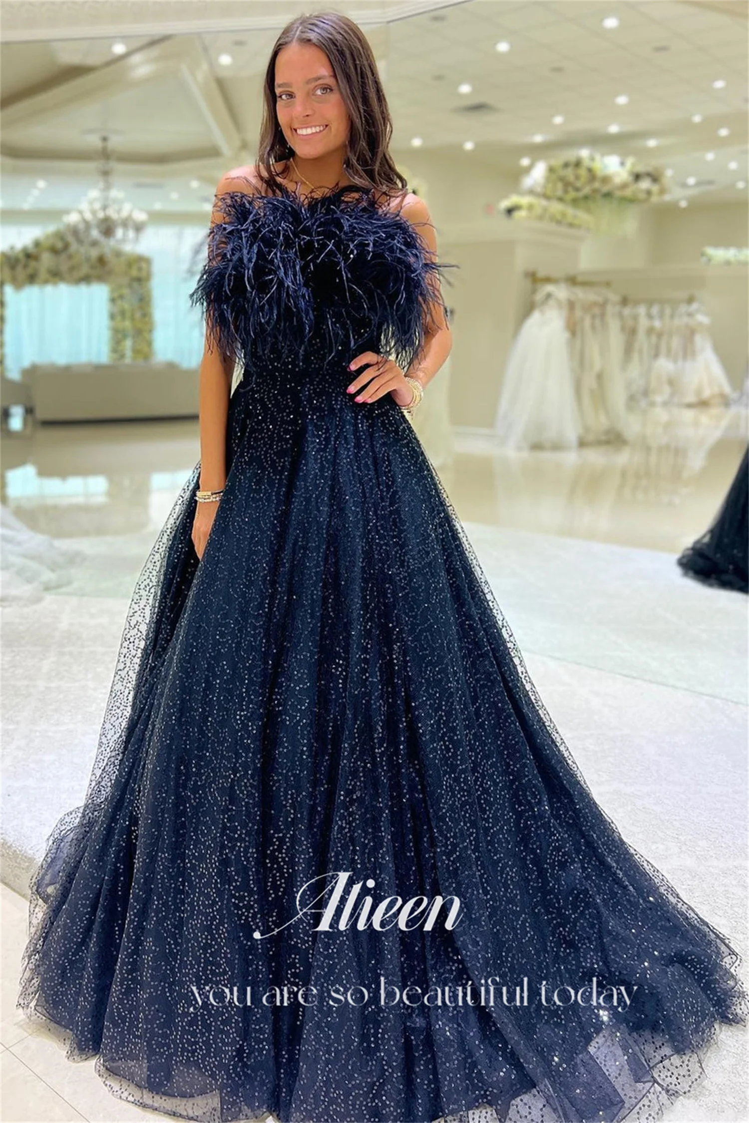 Aileen Navy Shiny A-Line Feather Luxury Elegant Evening Dresses for Women 2023 Dress Luxurious Women\'s Party Long Gala Saudi New