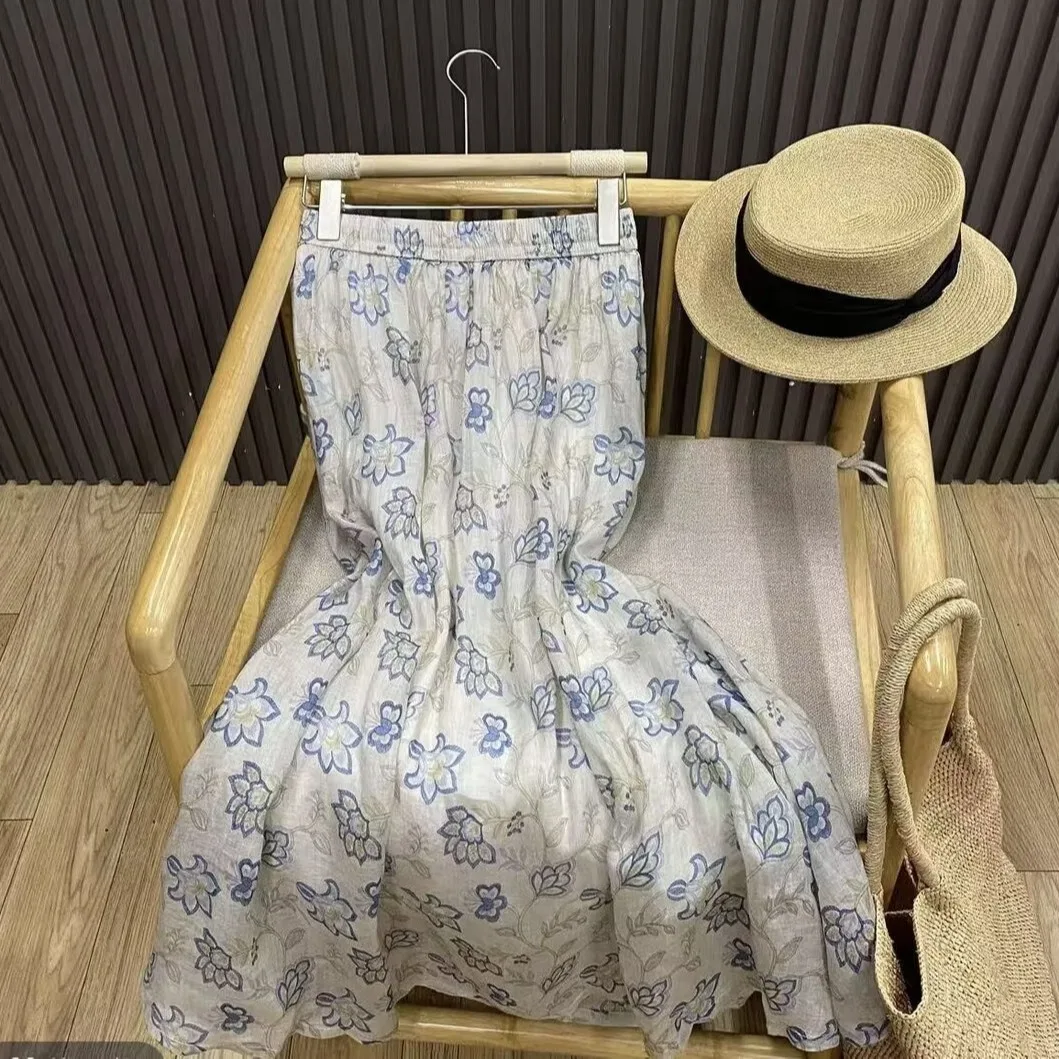 

Summer New plus Size Women's Midi A-Line Skirt Loose Fit Printed Half Skirt Artistic Style Commute Medium Waist Elastic Waist