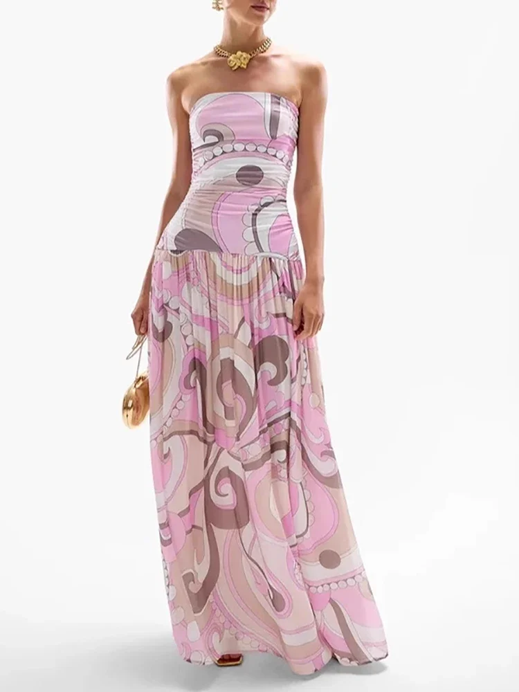 Elegante padrão impresso sem mangas bohe vestido feminino sexy sem alças sem costas balanço vestido moda altura cintura plissado vestidos longos