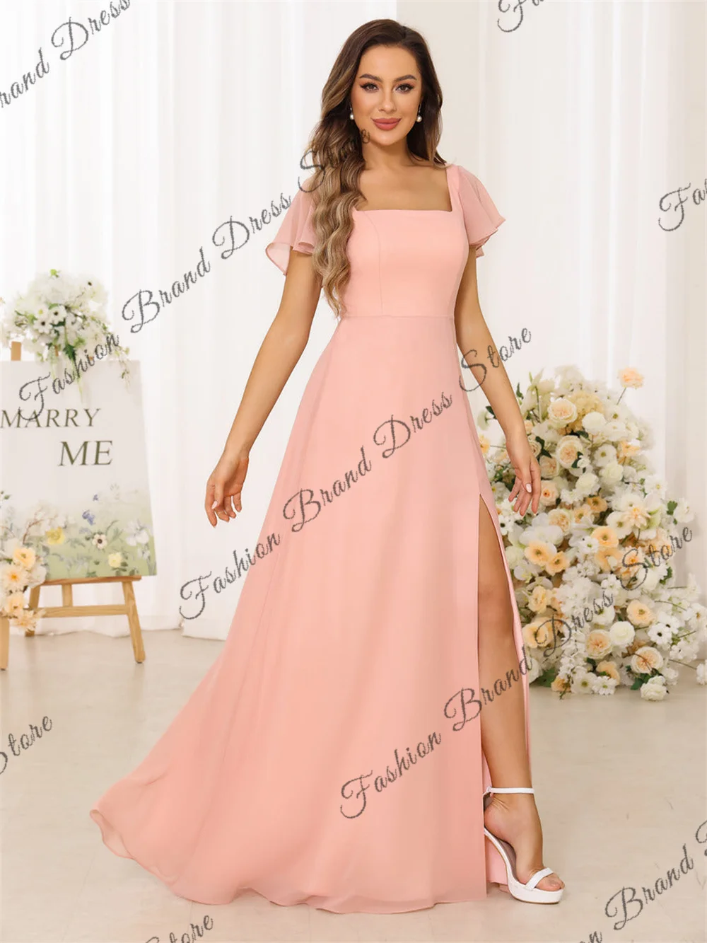 Off-the-shoulder Square Collar Chiffon Bridesmaid Dresses Shrot Sleeves Backless Corset Formal Ball Gowns A-line Long Prom Dress