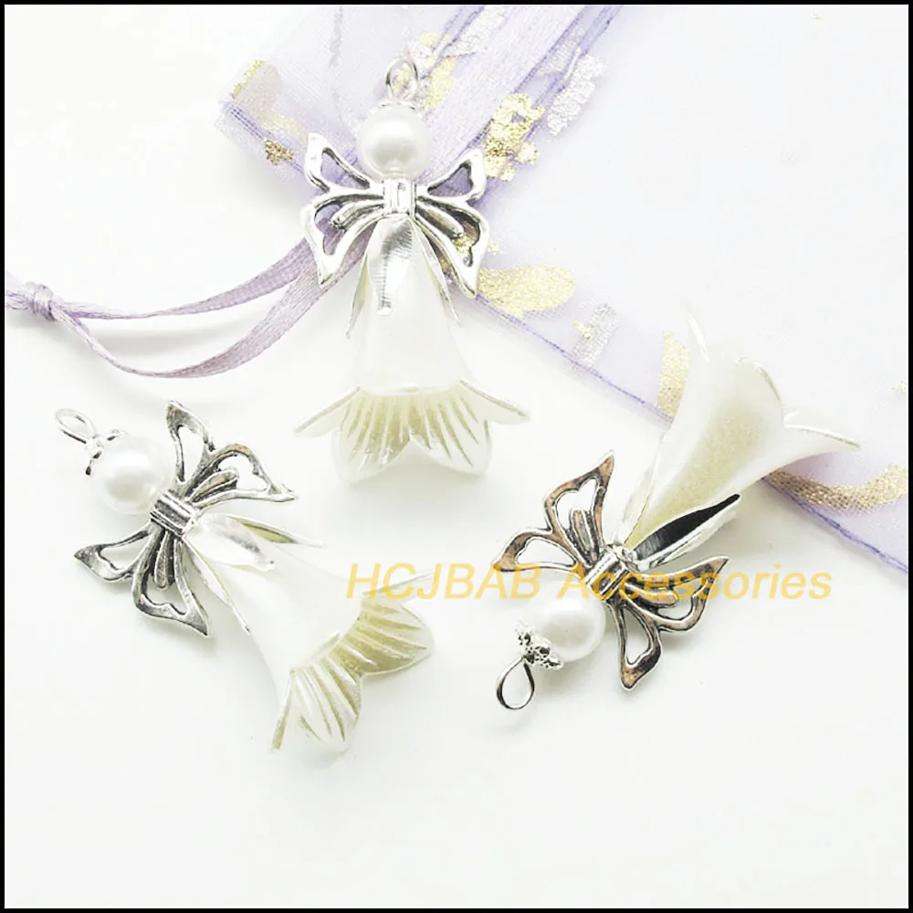 8 nowych czystych białych akrylowych aniołów Charms posrebrzane wisiorki z kwiatami Morning Glory 20x41mm — zdjęcie 5