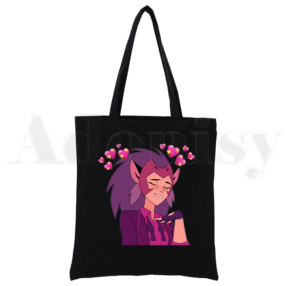 Adora Catra Love She Ra e Catra Cartoon Artwork Black Canvas Print Shopping Bags Girls Fashion Life Casual Pacakge Hand Bag