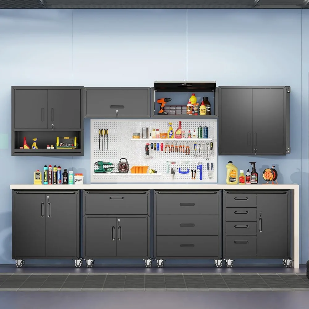 頑丈なロック付き壁掛けツールキャビネット、2ドア、調節可能な棚、黒仕上げ、ガレージ収納用