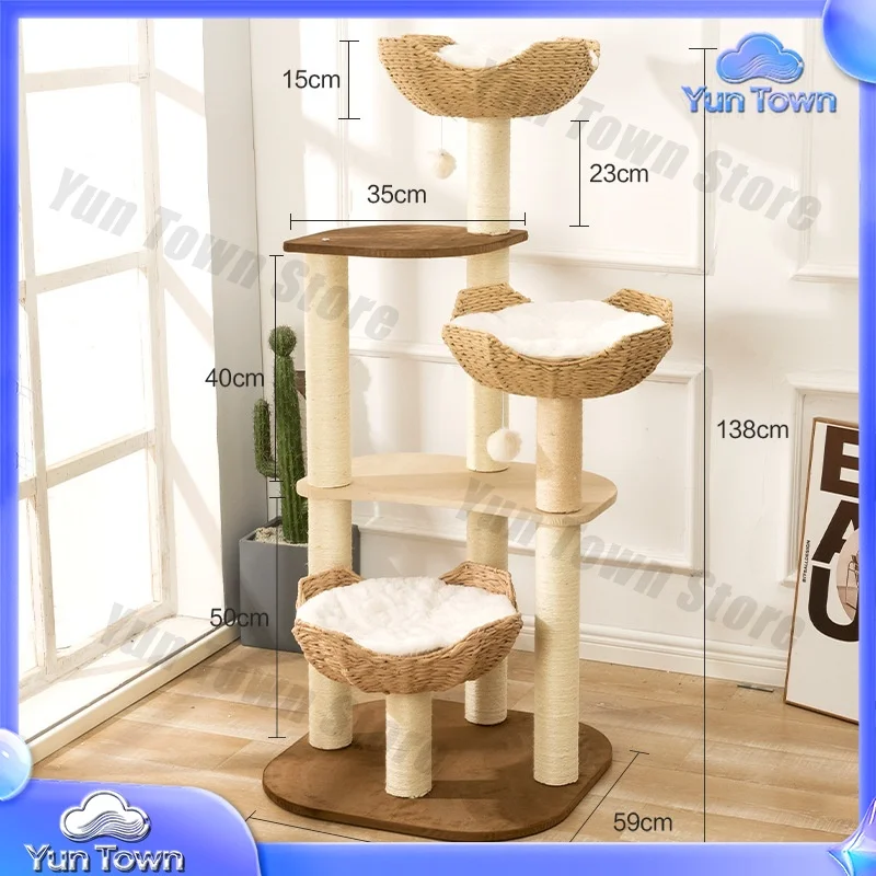 Cute Wood Cat Tree Tower with Lifelike Wool Scratching Post White Cloud Mat Pet Interactive & Movement Furniture