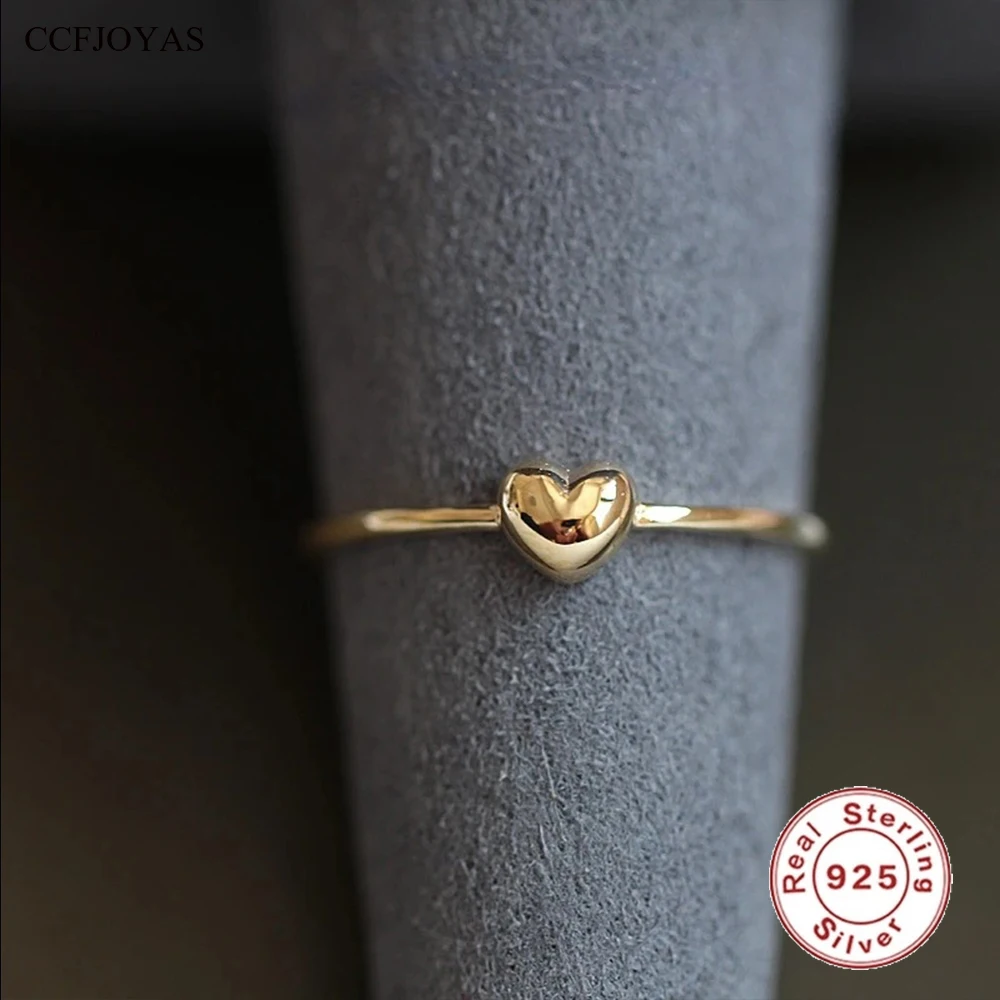 CCFJOYAS 925 Sterling Silver Plated 14K Gold Chubby Love Ring for Girl Simple and Versatile Super Cute Heart Ring Fine Jewelry