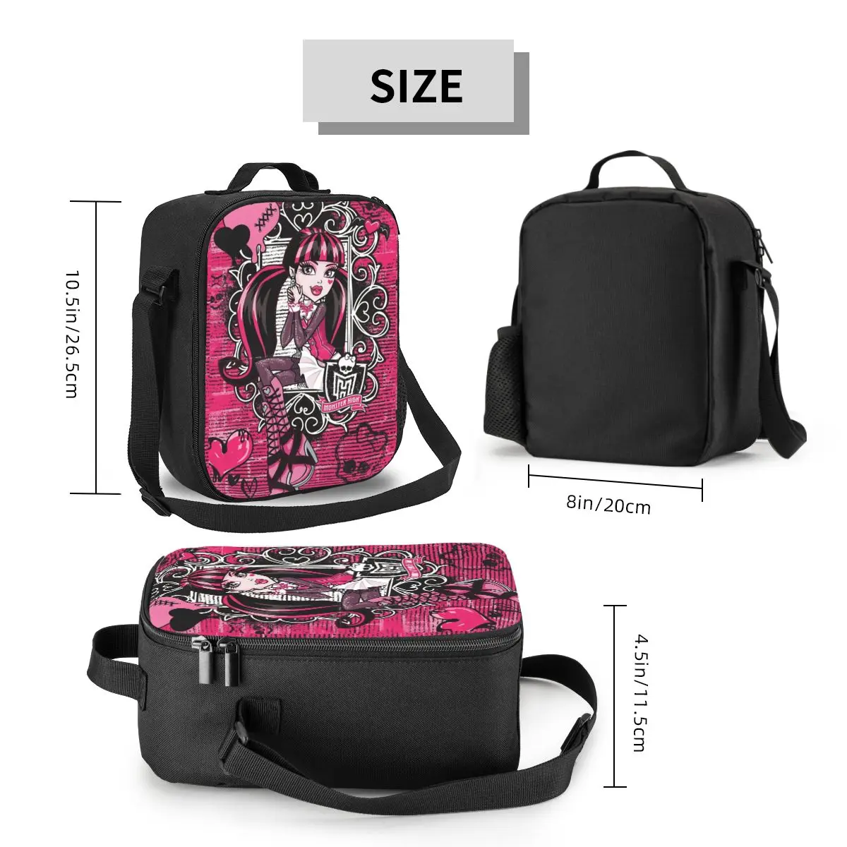 Draculaura Heart Lunch Bag Monster High Cartoon Travel Lunch Box For Men Fashion Print Tote Food Bags Oxford Cooler Bag