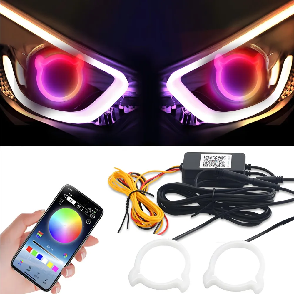 New Car RGB LED Dynamic Angel Eye Ring Amber Turn Signal Light Application Bluetooth Headlight DRL 12V.