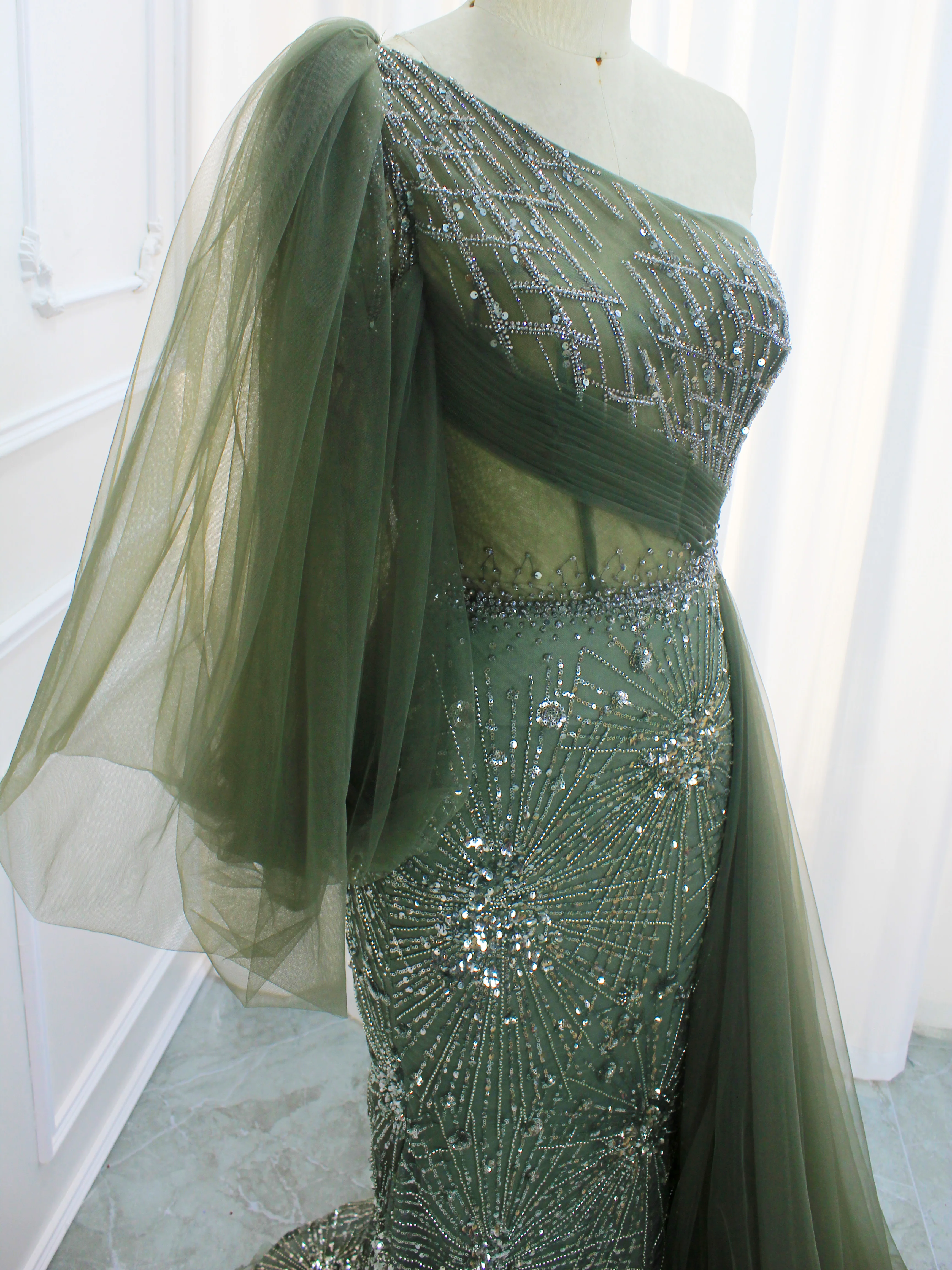 Hot Sale One Shoulder Sleeves Green Evening Dresses Luxury Beaded Cape Skirt Formal Gowns 2024 For Women Party With Best Price