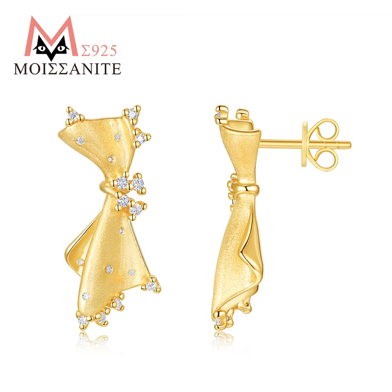 

JIUZUAN 2pcs Bow Moissanite Earrings S925 Silver 18K Gold Plated Italian Brushed Craft for Women Party Romantic Style Stud Earri
