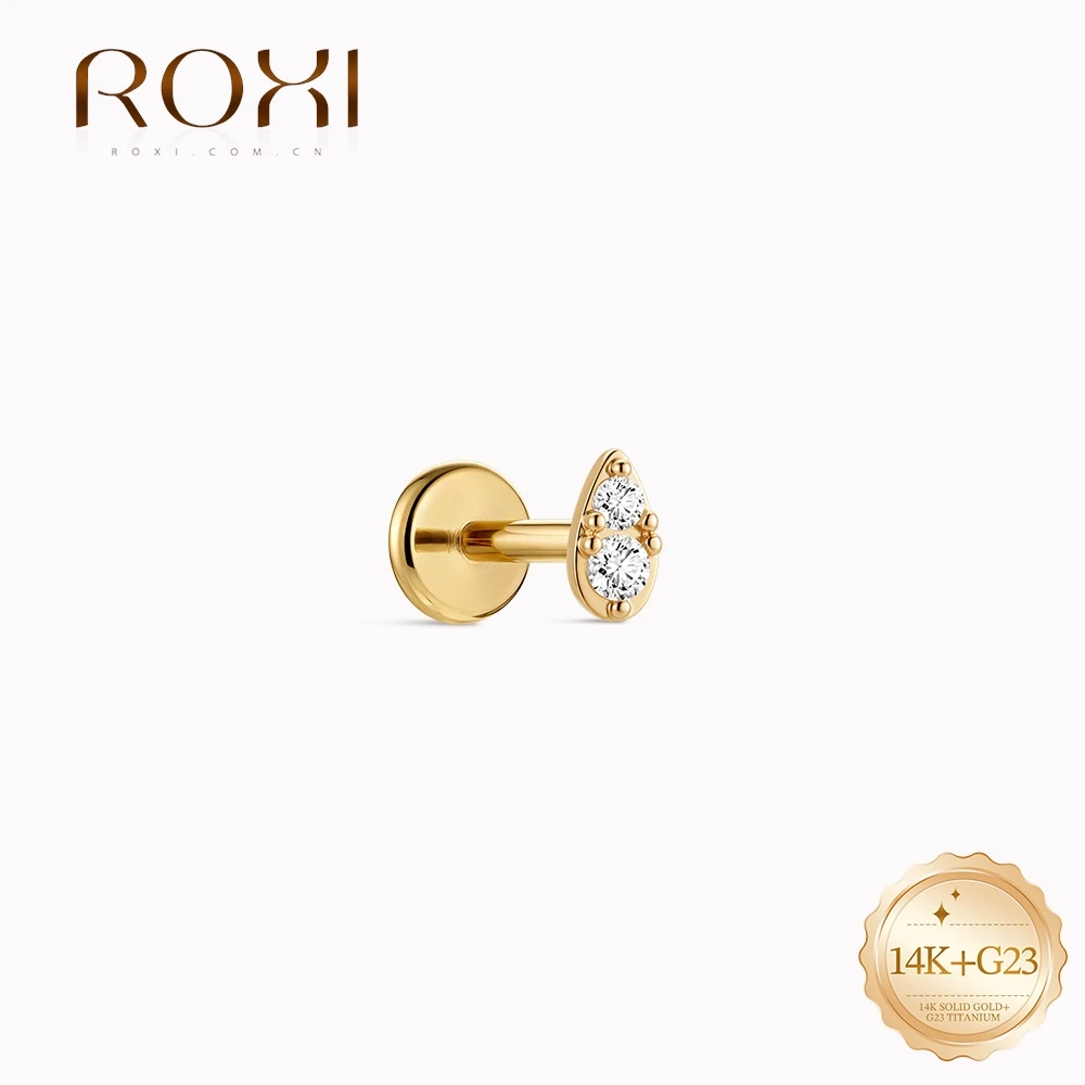 ROXI 1PC 14K Or massif Minimaliste Géométrique Simple CZ Plat Clou de piercing pour cartilage Hypoallergénique Bijou d'oreille