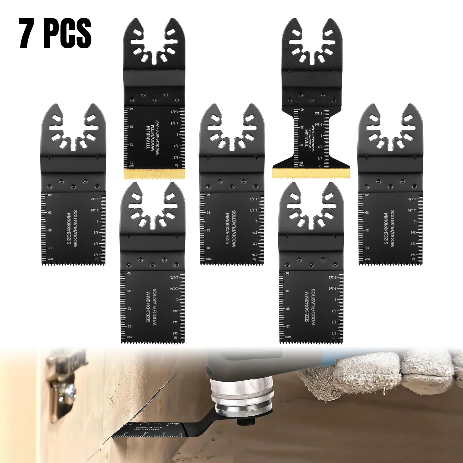 

7 шт. осциллирующий инструмент с титановым покрытием — многоматериальная резка (металл/дерево/гвозди) с быстросъемным механизмом, высокая твердость