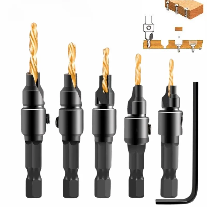 5pcs Woodworking Hole Opener Set HSS with 1/4 Inch Hexagonal Countersink Drill Bit Taper Hole Drilling Reaming Chamfering Tools