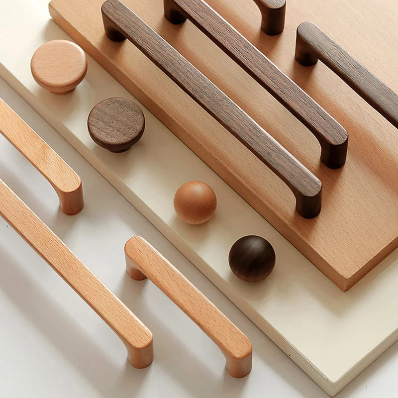 AOBT Natural Wood-Colored Solid Wood Cabinet Door Wardrobe Door Handle Modern Simple Drawer Pulls Hardware for Kitchen Bathroom