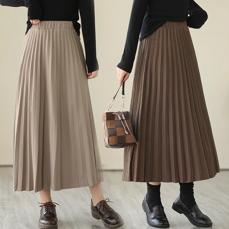 New Style Pleated Half Skirt Elastic Waist Swing Thin Quality Polyester Fiber Long A-Line Skirt Commute Suitable mid Waist De...
