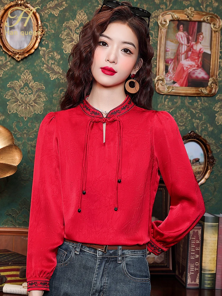 H Han Queen New Arrival 2024 Women\'s Elegant Blouse Vintage Casual Tops Chiffon Blouse Loose Long Sleeve Shirts Spring Simple