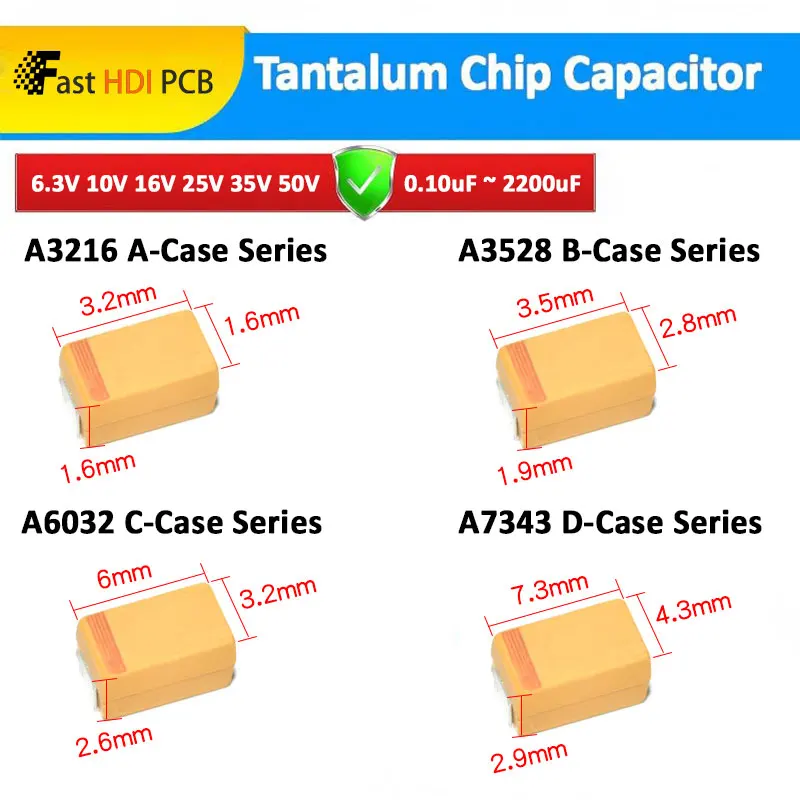 Condensador de tantalio con chip de caja A/B/C/D SMD 10% de tolerancia 16V 220uF 35V 100uF Stock a granel para fuente de alimentación, Control Industrial de Audio