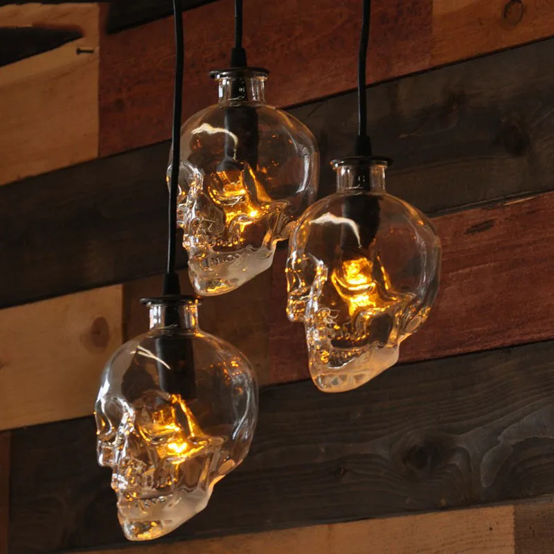 US Loft Retro Skull Shade Pendant Light For Living Room Home Decor Personalized E14 Led Bulb Pendant Lamp With Glass Bottle