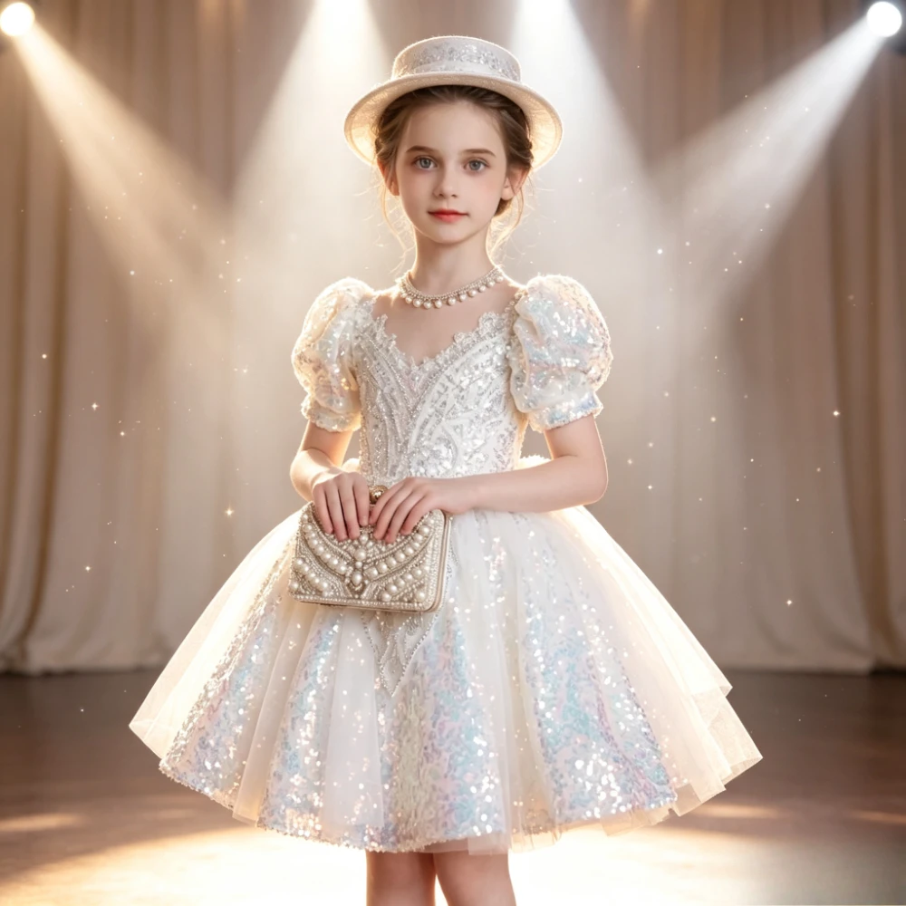 Children's Evening Dresses Children Girls Formal Birthday White Princess Gown Kids Host Piano Flower Girl Performance Pageant