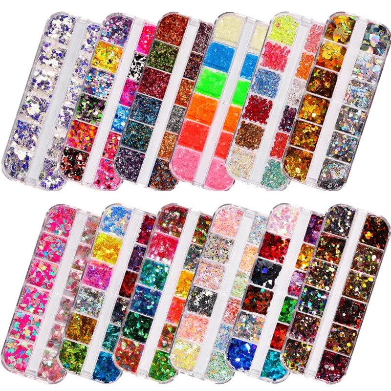 12pcs Nail Glitter Flakes Mixed Sizes 3D Sequins Paillette Powder Charm for Nail Art Decoration Manicure Tools