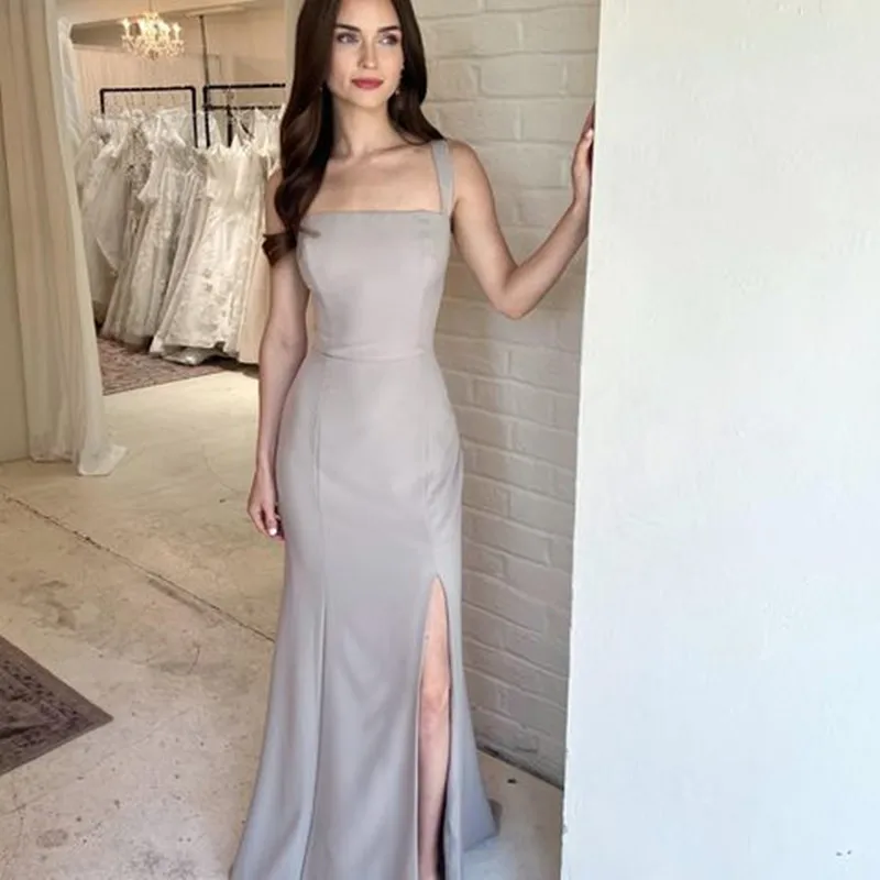 Proste Szare Sukienki na Bal Maturalny 2025 Ołówkowe Rozcięcie Kwadratowy Dekolt Tanie Sukienki Druhen Długość do Podłogi Sukienka na Wesele dla Gościa na Przyjęcie