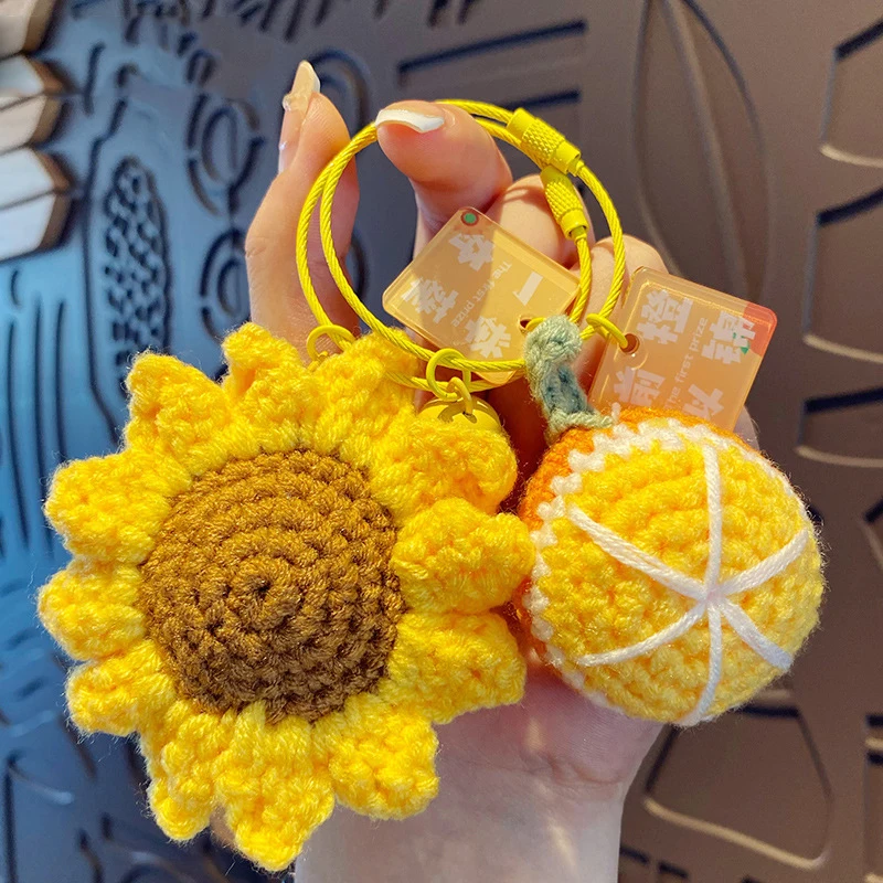 Creative Hand-Woven Woolen Sunflower Pendant Keychain Keys Female Cute DIY Fruit Persimmon Charm Keyring Bag Hanging Ornament