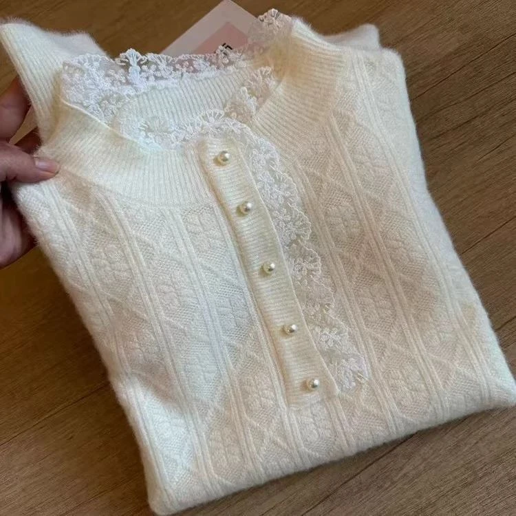 

French Style Knitted Sweater Stand Collar Loose Fit Twist White Thick Soft Autumn Winter Women's Fashion Pearl Embellished Top