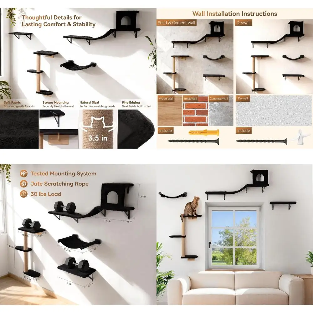 

4-Piece Wall-Mounted Cat Playset: Hammock, Bridge, Climbing Tree, and Perch for Large Cats, Supports Up to 30 lbs