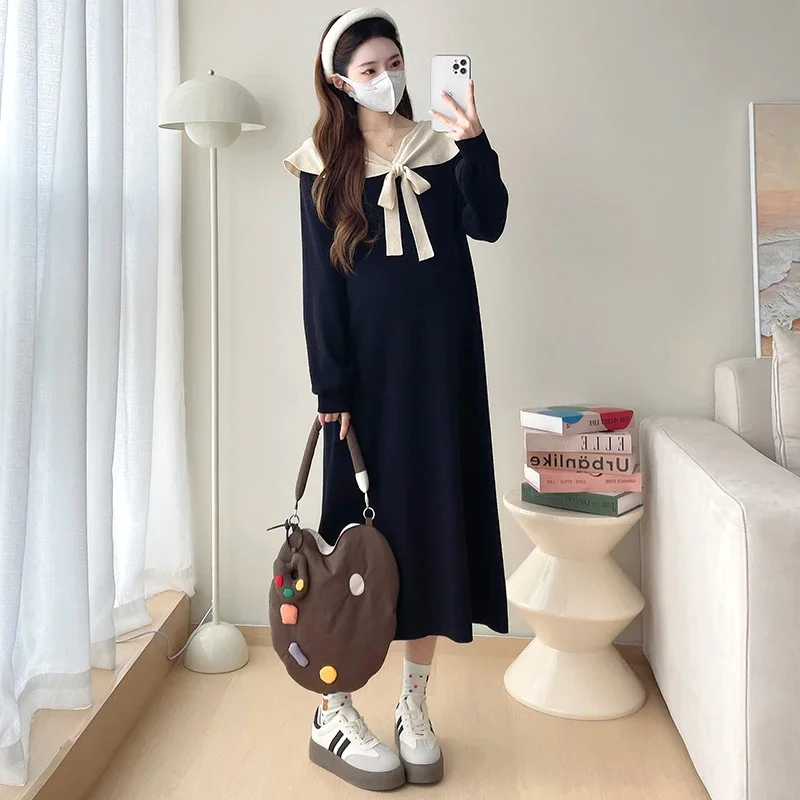 

Autumn Winter Maternity Knitting Dress Sweet Peter Pan Collar Bowknow Ribbon Pregnant Woman Black Dress Preppy Style Lady Dress