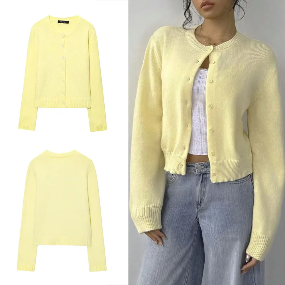 

TRAFZA Women Elegant Yellow Knitted Sweater O Neck Long Sleeve Single-breasted Short Cardigan Autumn Casual Office Lady Coats
