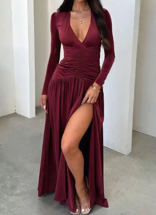 

Autumn Elegant Deep V-Long Sleeved Dress for Women, Sexy Waist Cinched Pleated Solid Color High Slit A-Line Long Sleeved Dress