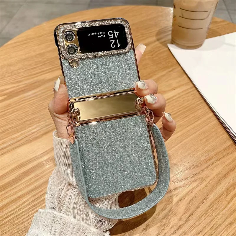 Phone Case For Samsung Galaxy Z Flip 4 3 5G Rhinestone Camera Edge Glitter Trim With  Starry wristbandElectroplated Plastic Back