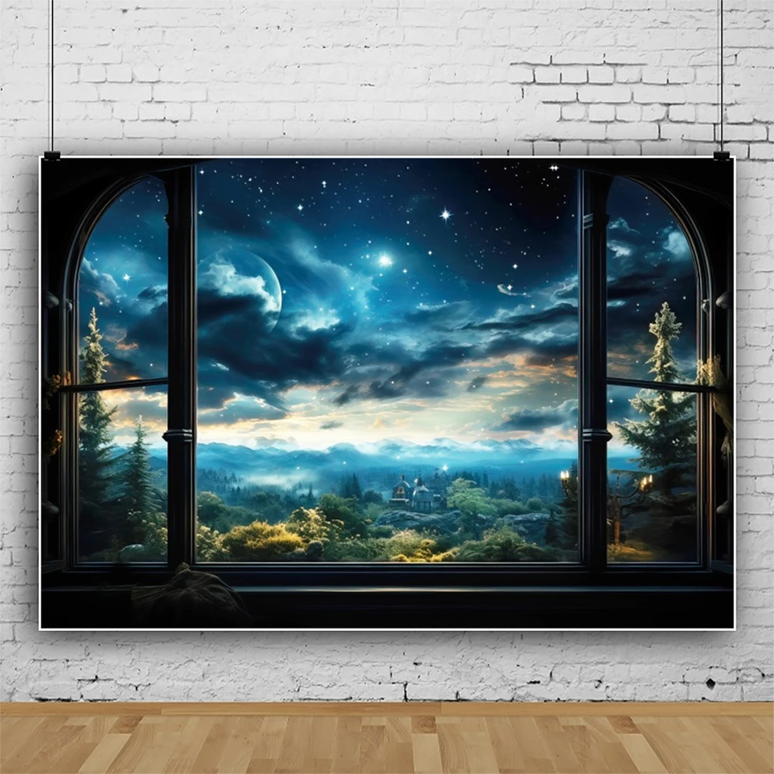 Laeacco Starry Night Sky Backdrop Forest Night Galaxy Stars Window Scenery Adult Kids Portrait Portrait Photography Background