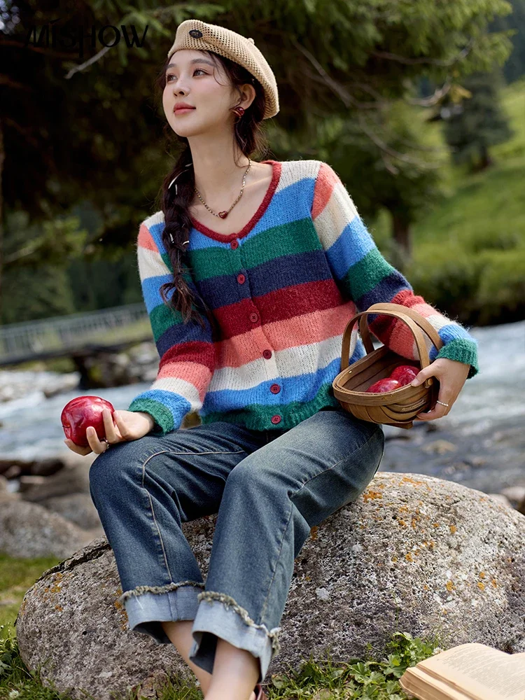 

MISHOW Colorful Striped V-neck Wool Blended Knitted Cardigan Women 2024 Autumn Single Breasted Round Neck Slim Top MXD41Z0749