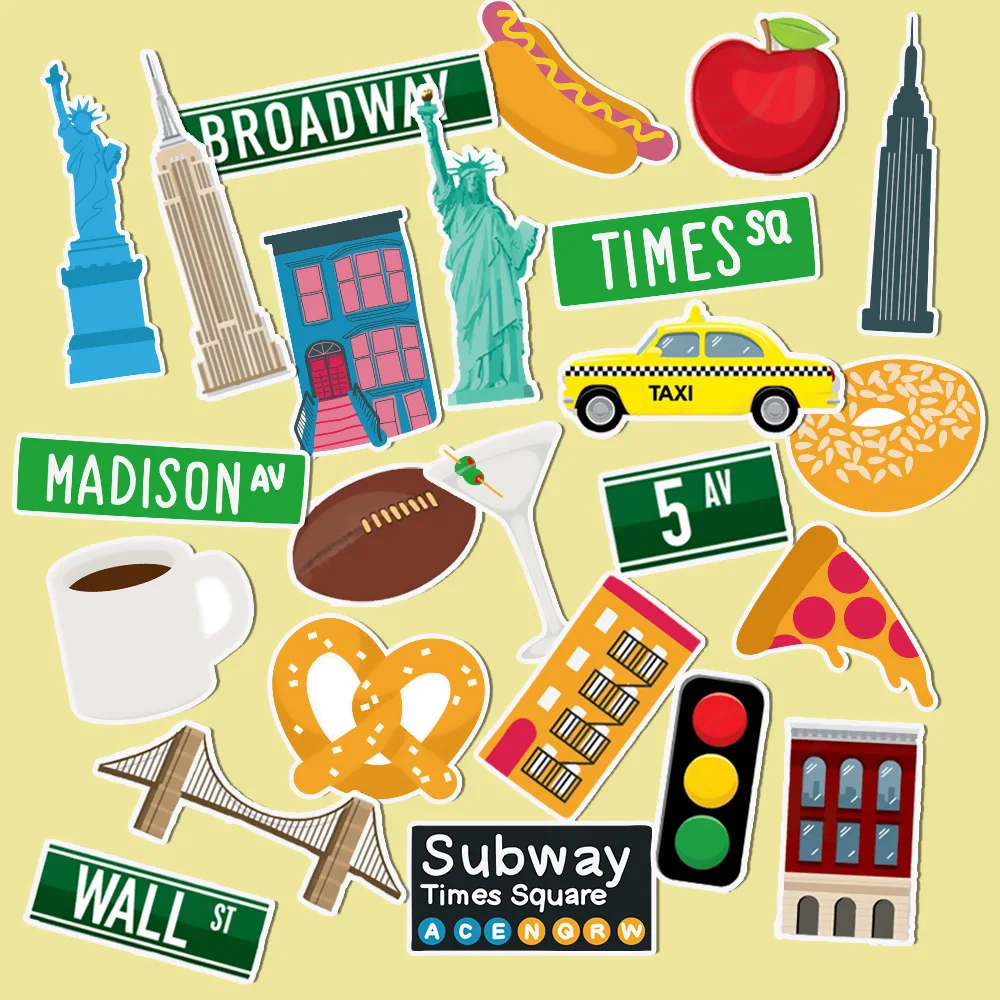 30PCS New York Travel Stickers Set for Stationery, Journals, Notebooks, Laptop and Water Bottles, Self-adhesive Decals