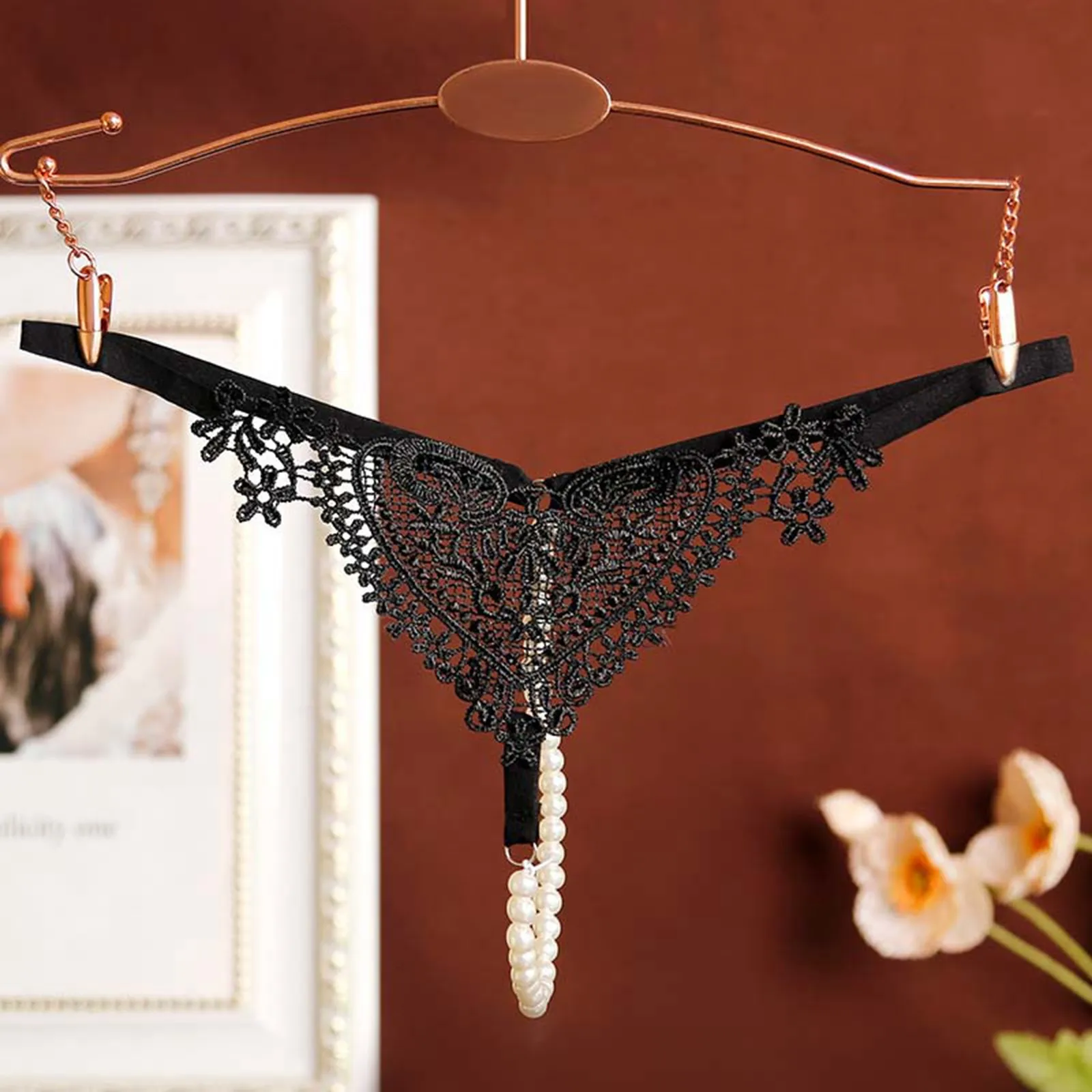 Women Sexy Lingerie Panties Heart Embroidery Micro G-String Beaded Thin Straps Thong Hollow Out See-Through T-Back Tangas Mujer