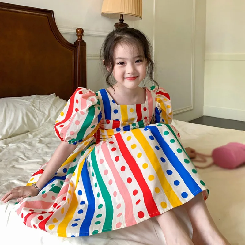 Summer Girls Colorful Dot Print Rainbow Waist Puffy Dress Square Neck Bubble Sleeved Sweet Princess Dress 3-8T