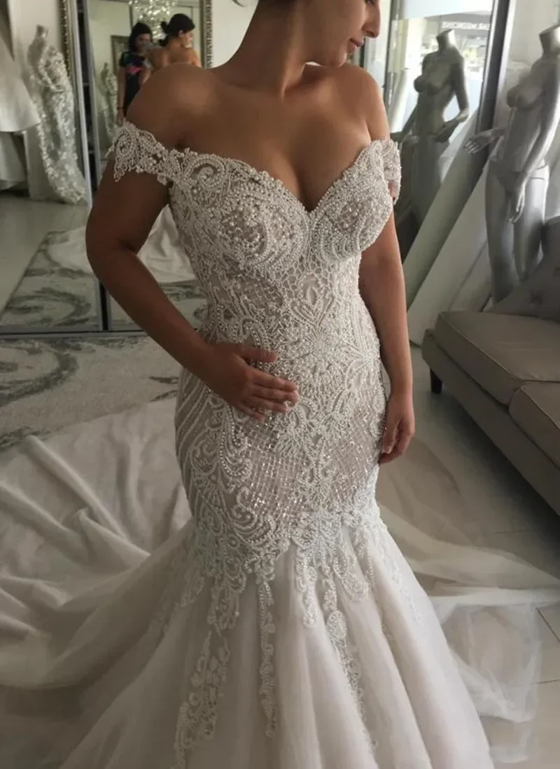 Personalizado querida completo pérolas corpete sereia vestidos de casamento vestidos de novia apliques vestidos de noiva com botões de volta