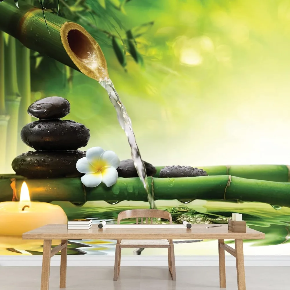 Rocce e fiori su rami di bambù sul lago con murale a cascata, adesivo rimovibile, decorazioni per la casa 66x96 pollici
