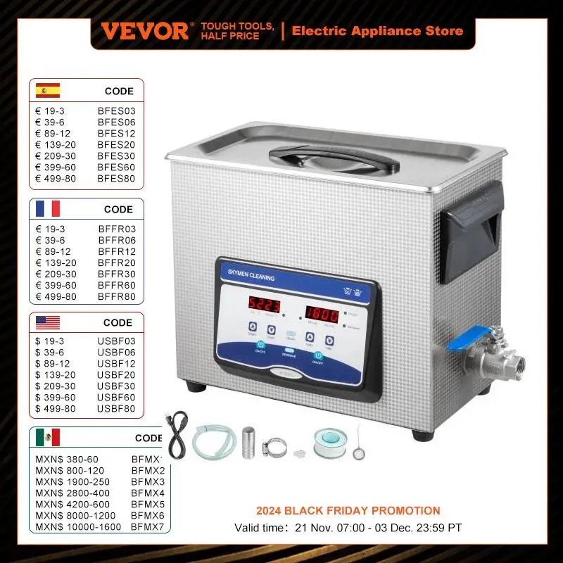 VEVOR 6.5L Ultrasonic Cleaner w/ Degassing Function Portable Ultrasonic Washing Machine Sonic Home Appliance for Glasses Jewelry