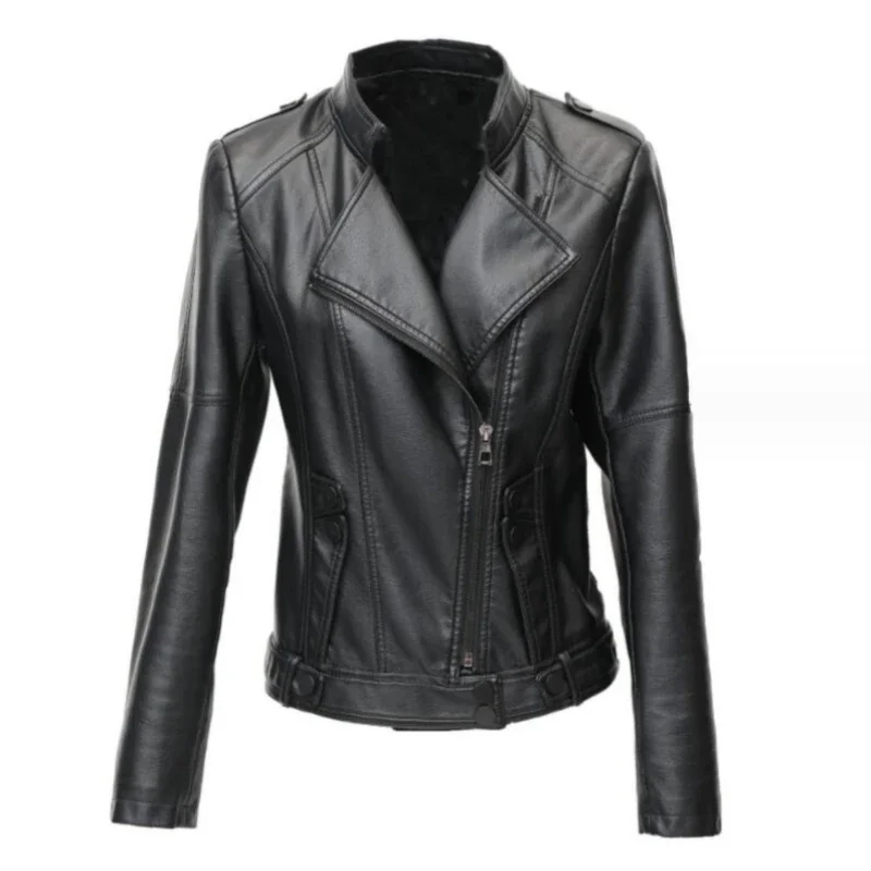 New Women Leather Jacket Spring 2023 Cool Fashion Moto&Biker Style Outerwear Stand Collar Short Leather PU Coat