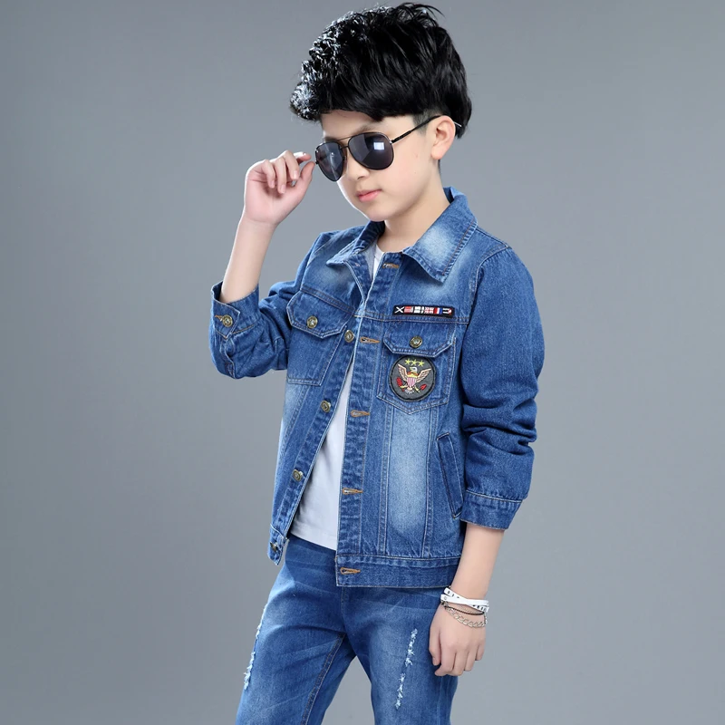 Boy Denim Jacket Children\'s Outerwear Clothing Cardigan 2023 Spring Fall New 4-14 Years Male Kids Patched Casual Coat Overcoat