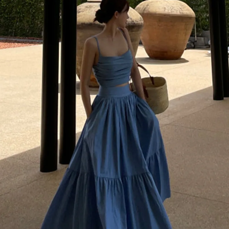 

Chic V-Ne ort Tank Top And High Waist Skirt Two-Piece Set Women's Faion Slim Fit Sle Korean Aesthetic Summer Outfit