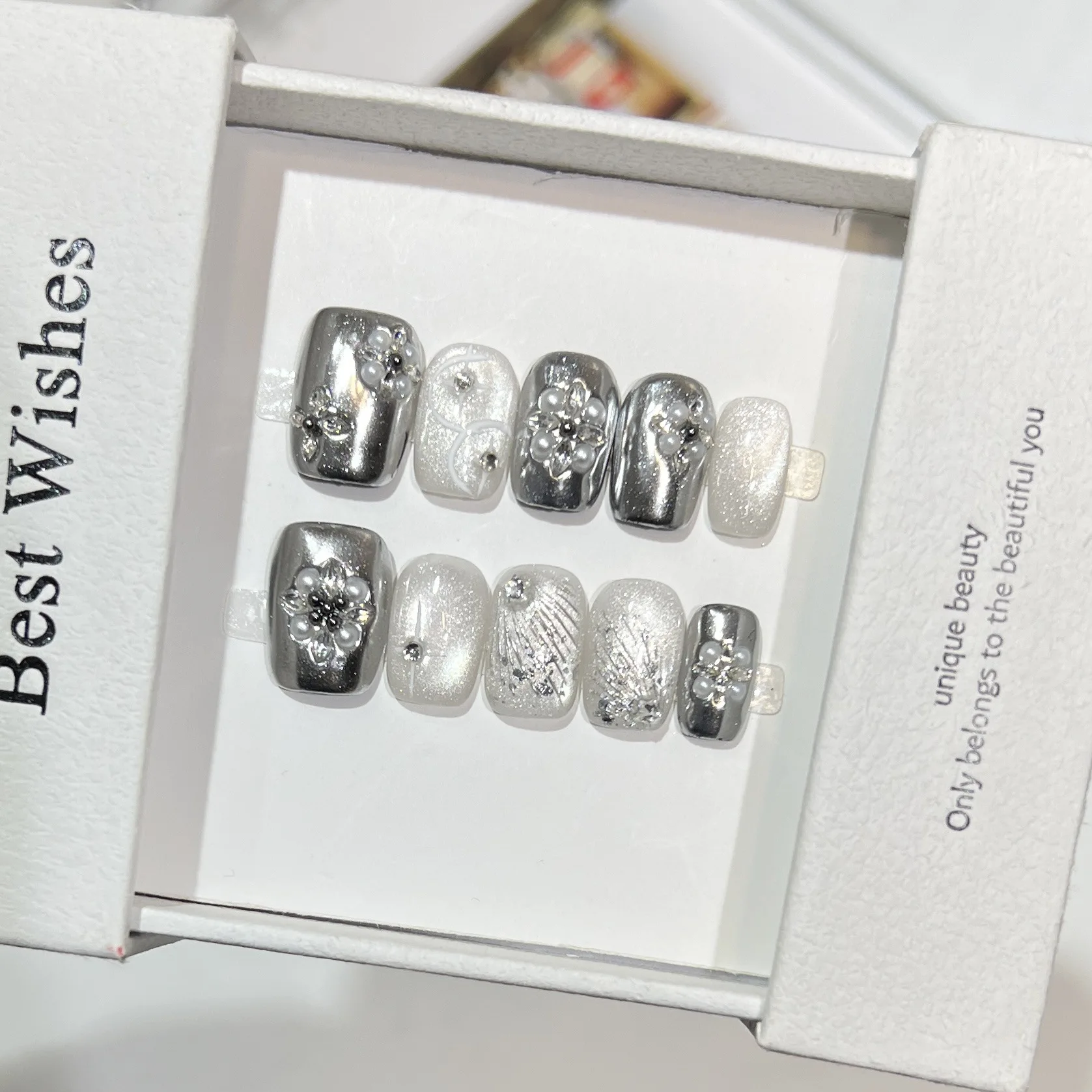 10 Uds. De cuentas de cristal bonitas, ojo de gato, prensa corta en Nail Art, espejo mágico en polvo, diamante de circón, uñas postizas hechas a mano